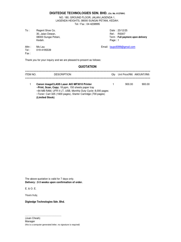 Quotation for Canon MF3010 Printer | PDF