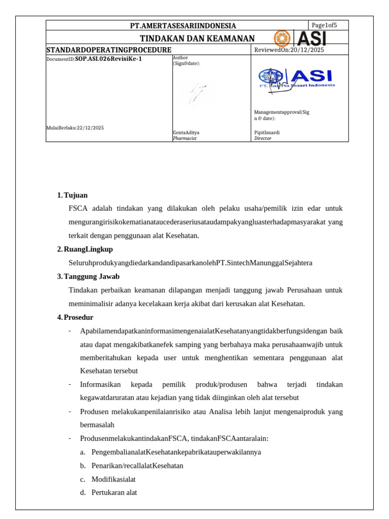 Prosedur Keamanan Alat Kesehatan FSCA | PDF