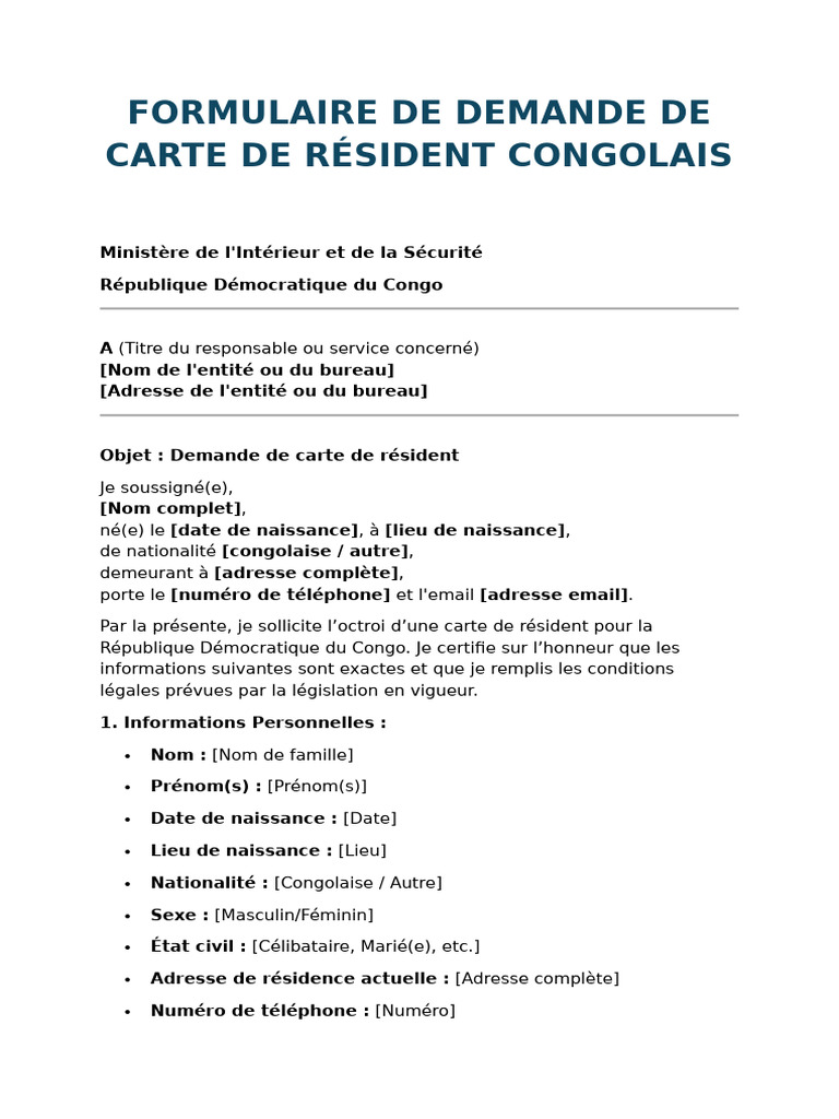 Demande de Carte de Résident RDC | PDF
