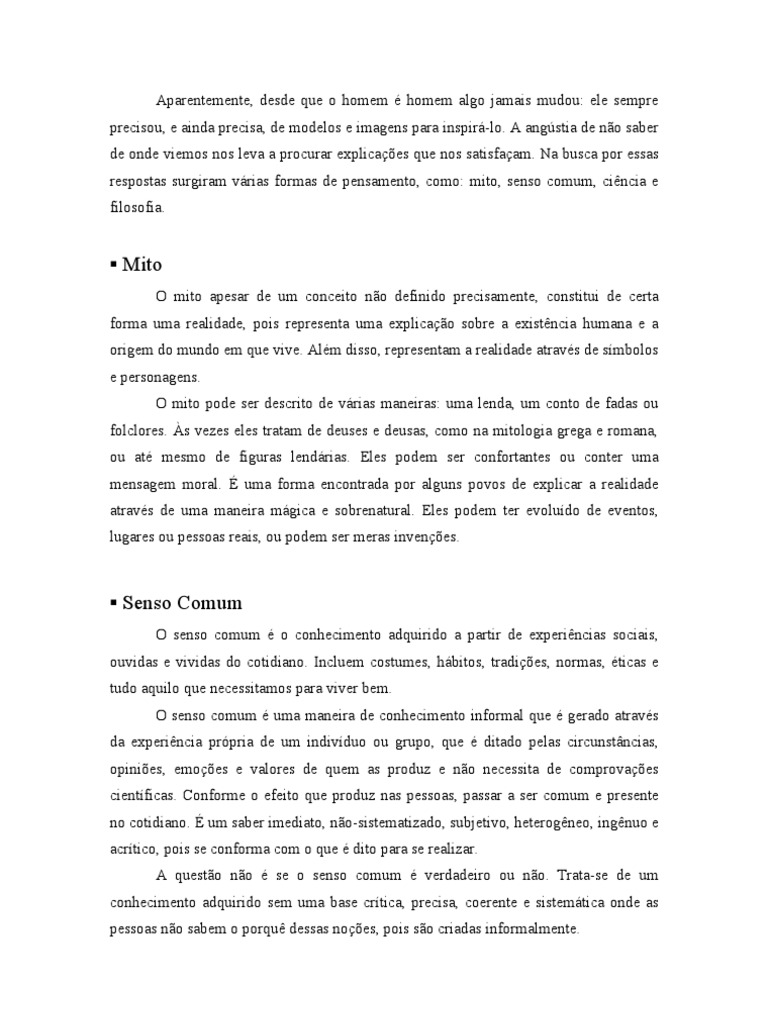 Mito, Senso Comum e Filosofia | PDF | Bom senso | Science