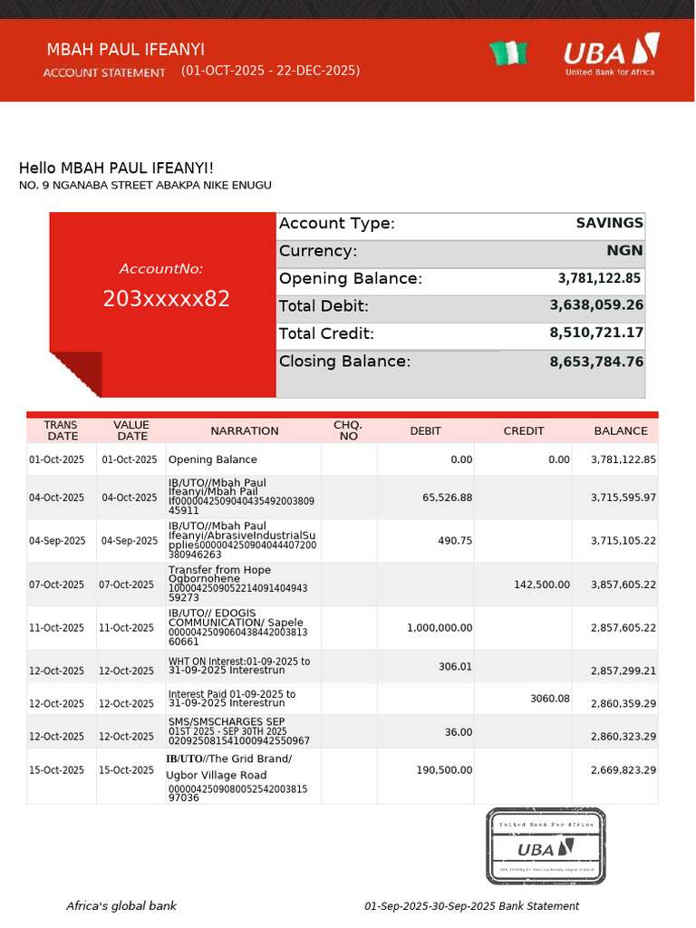 Uba Statement | PDF | Debits And Credits | Banks