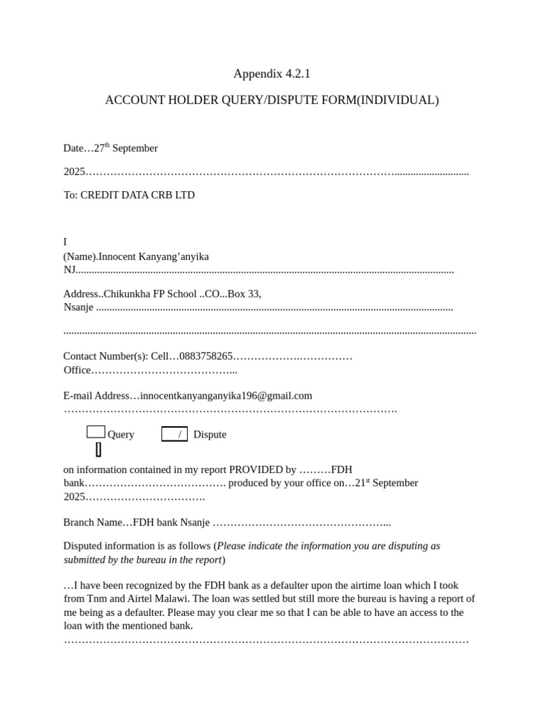 Account Holder Dispute Form Template | PDF | Debt | Liability ...