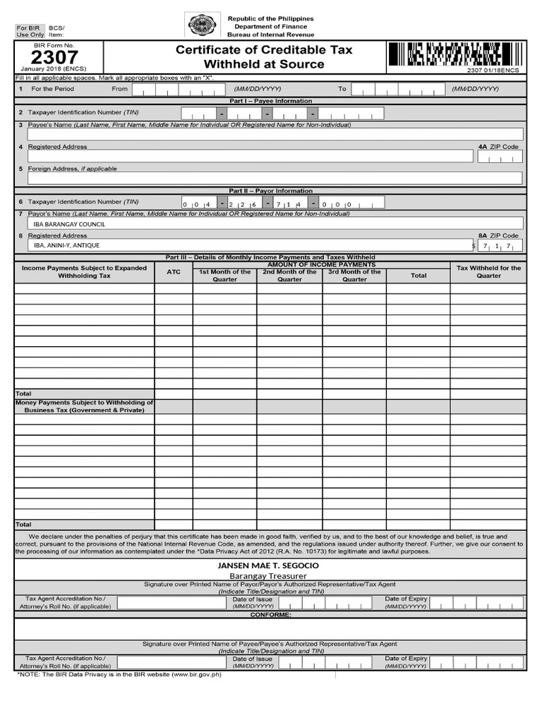 Bir 2307 Supplier | PDF