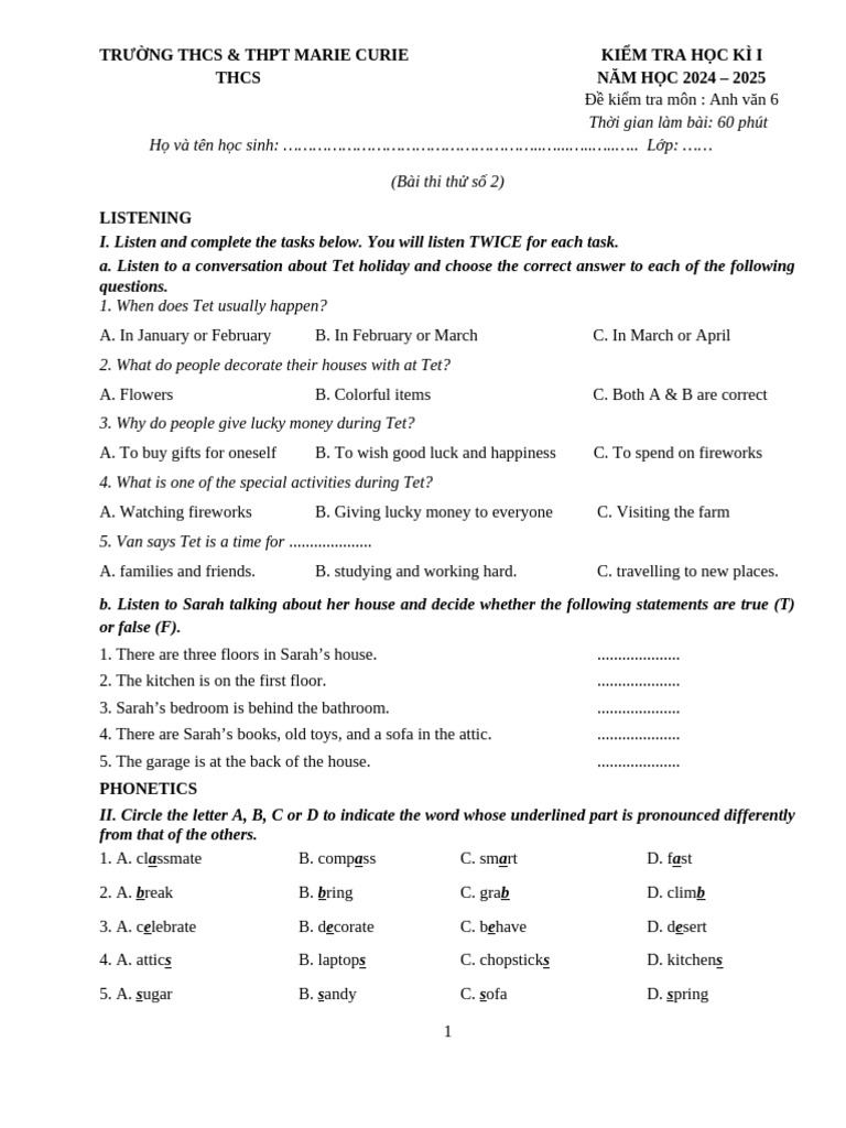 English Test for Grade 6 - Semester 1 | PDF