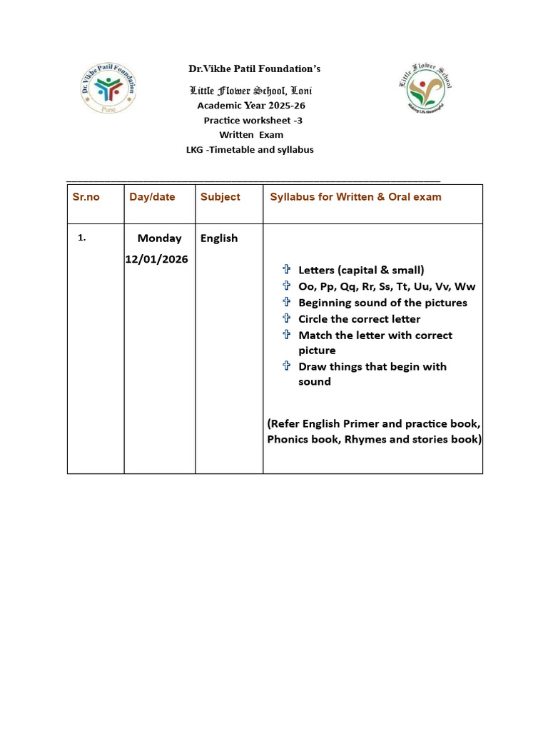 LKG Written Exam Timetable & Syllabus | PDF