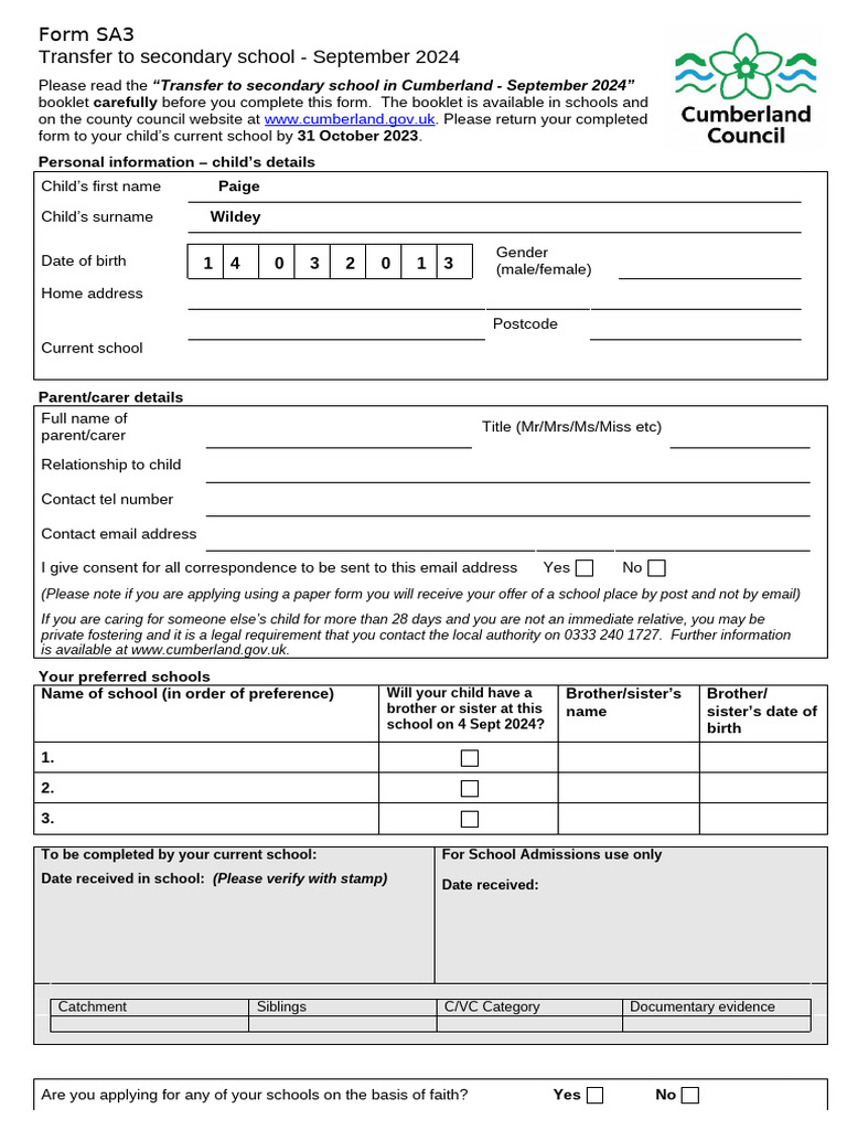 Secondary School Transfer Form 2024 | PDF | Family