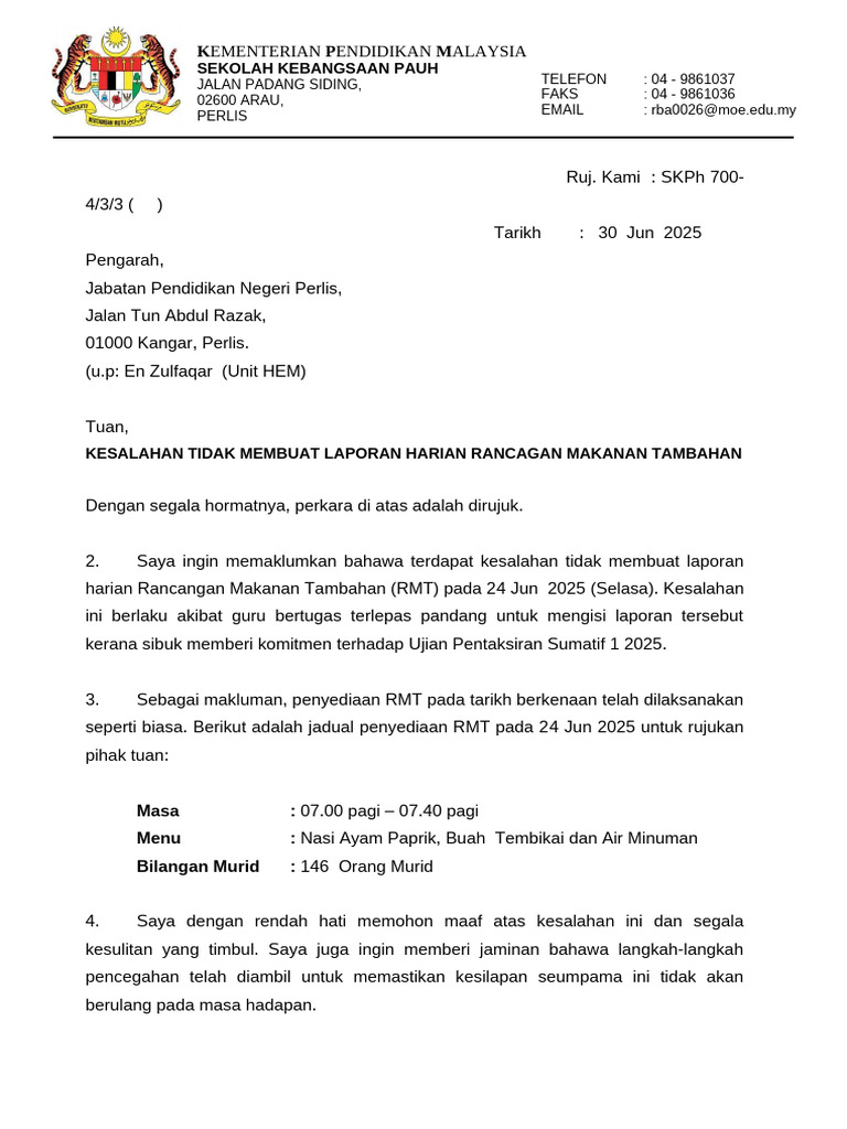 Surat Penjelasan Tentang Data Kehadiran Bilangan Murid RMT Yang Tidak ...