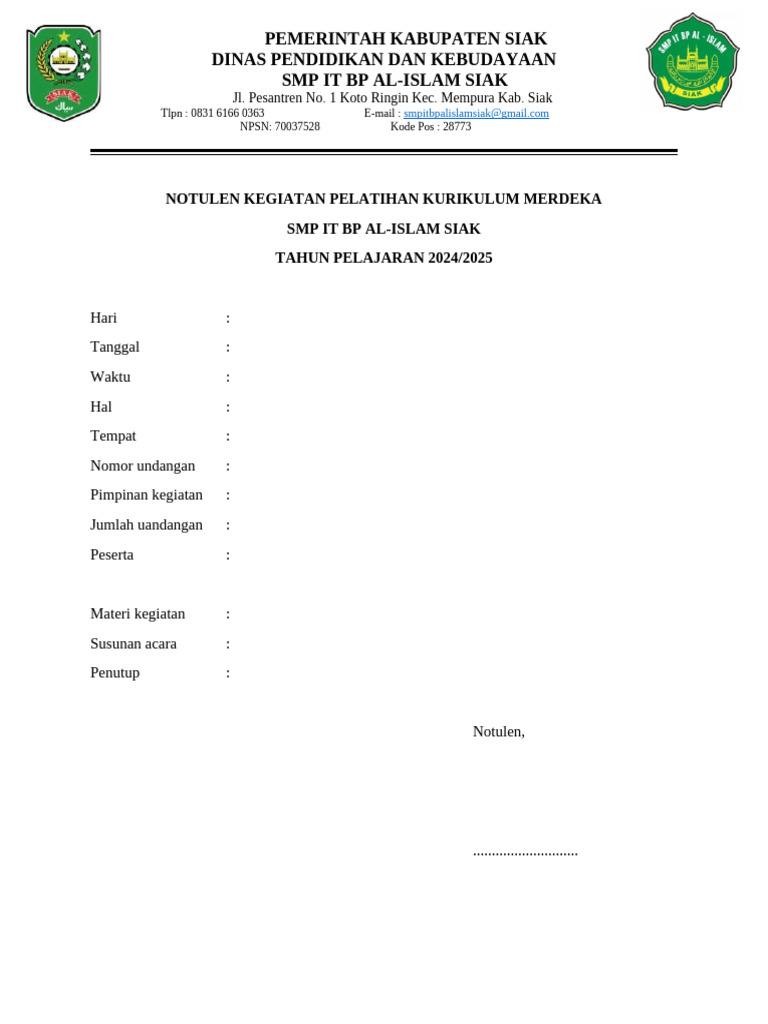 Notulen Pelatihan Kurikulum Merdeka Siak | PDF