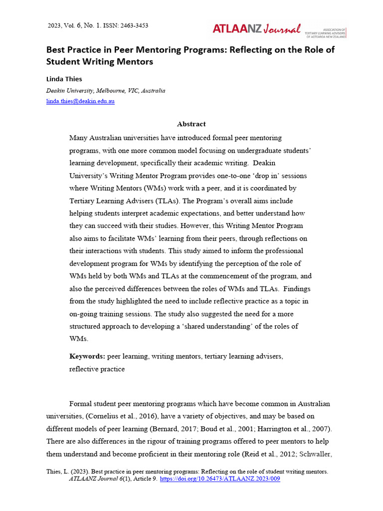Thies Linda 2023 Peer Mentoring Programs | PDF | Reflective Practice ...