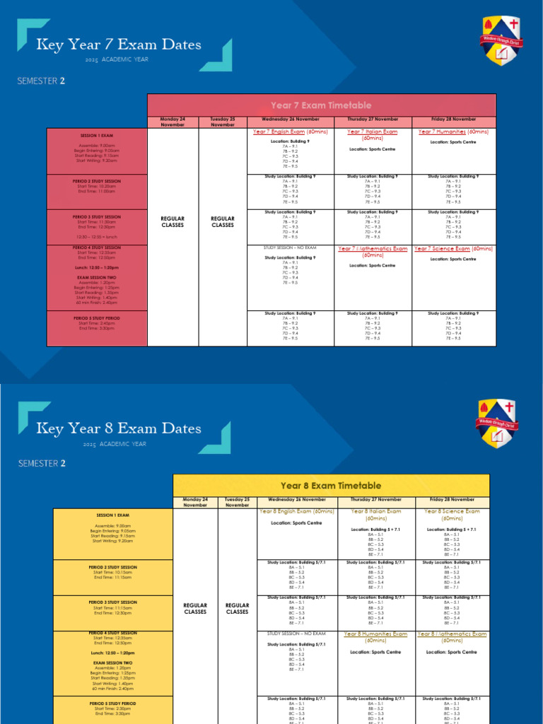 Year 7 & 8 Exam Timetable 2025 | PDF