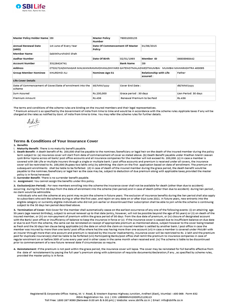 Pmjjby Coi | PDF | Insurance