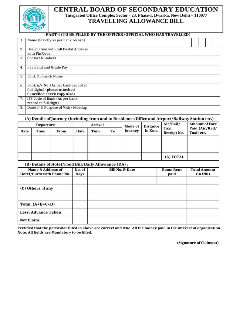 CBSE Travel Allowance Bill Form | PDF
