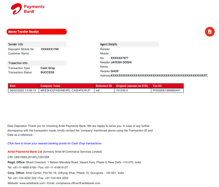 Successful Cash Drop Transaction Details | PDF