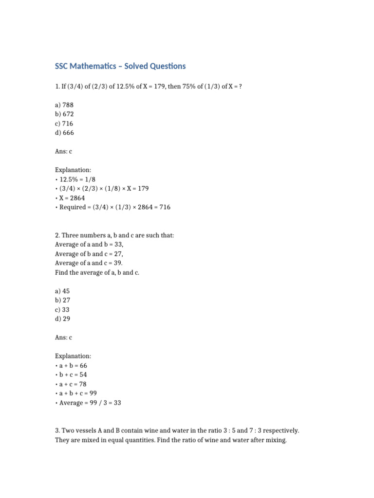 SSC Mathematics Solved Questions Guide | PDF