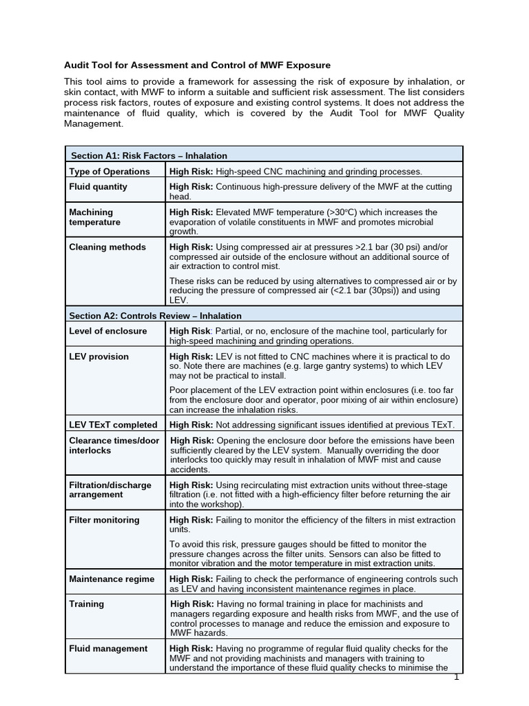Audit Tool For Assessment and Control of MWF Exposure | PDF