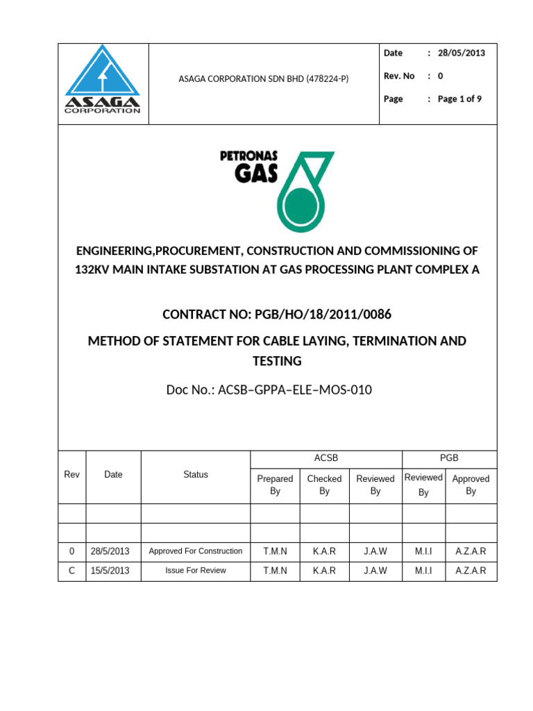 Cable Laying Method Statement for Substation | PDF