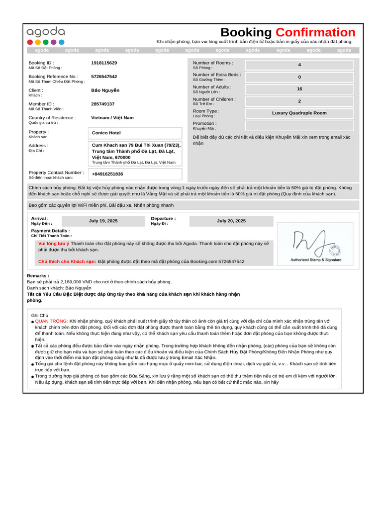 Confirmation For Booking ID # 1918115629 | PDF