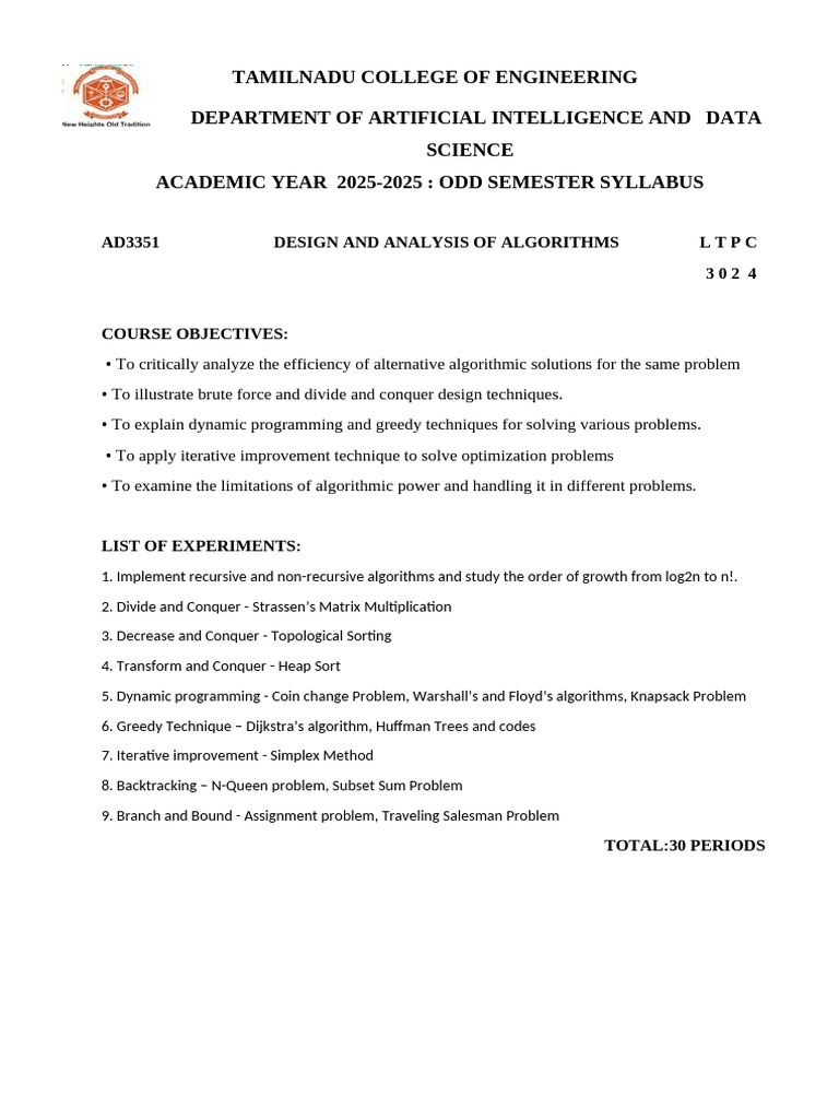AI & Data Science: Algorithms Syllabus | PDF