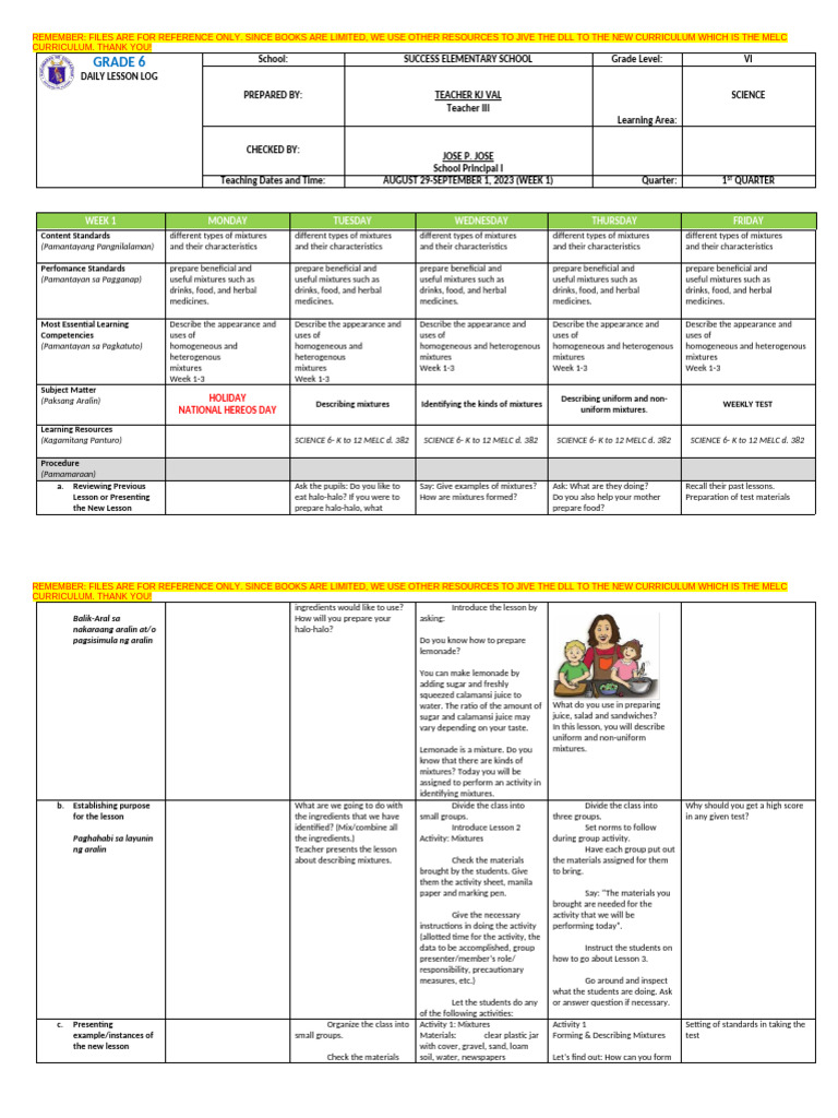 Grade 6 Science Daily Lesson Log | PDF | Mixture | Chemistry