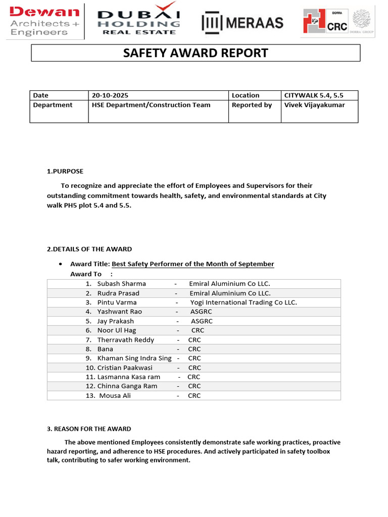 Best Safety Performers Award Report | PDF