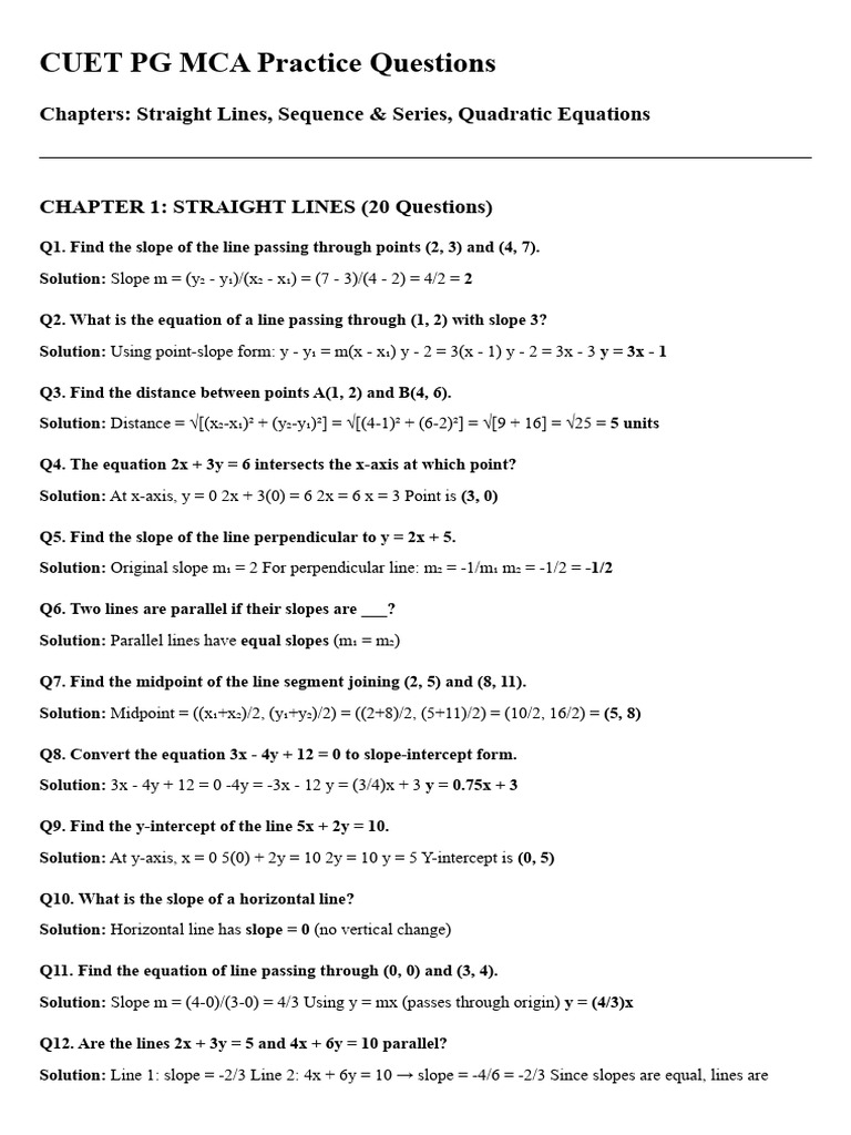 CUET PG MCA Practice Questions Guide | PDF | Slope | Area