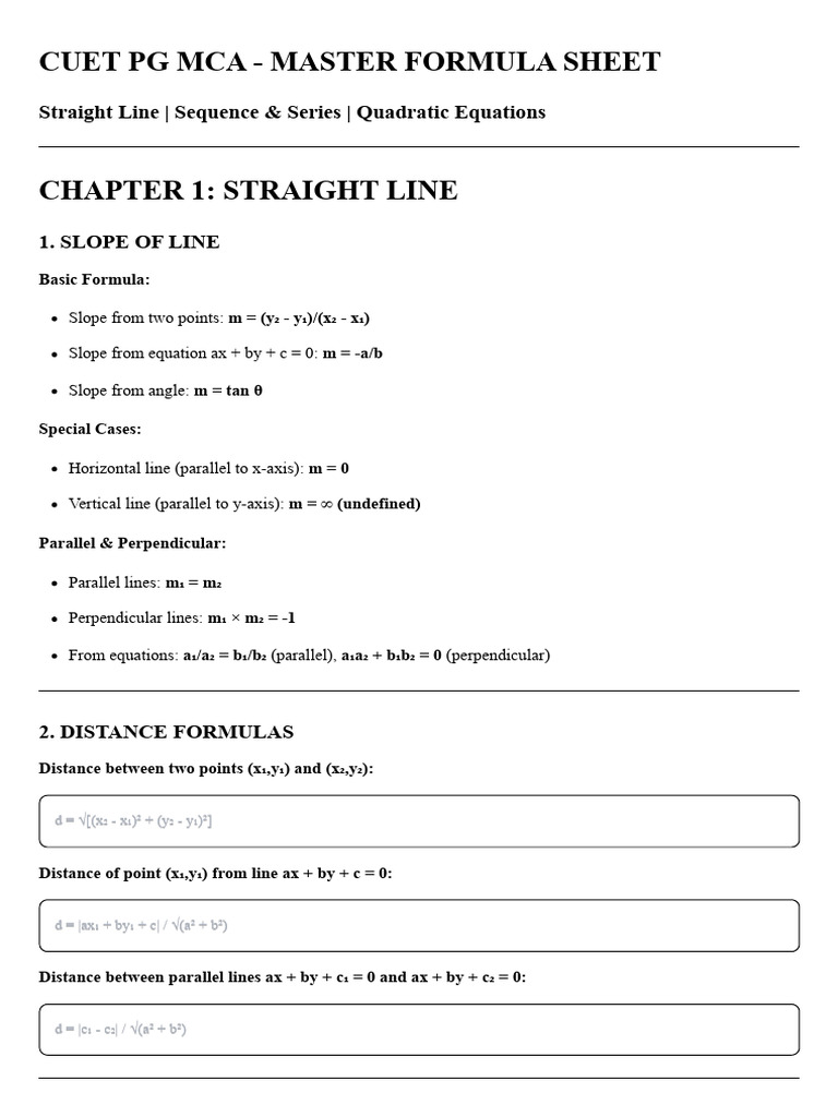 CUET PG MCA Master Formula Sheet | PDF | Slope | Line (Geometry)