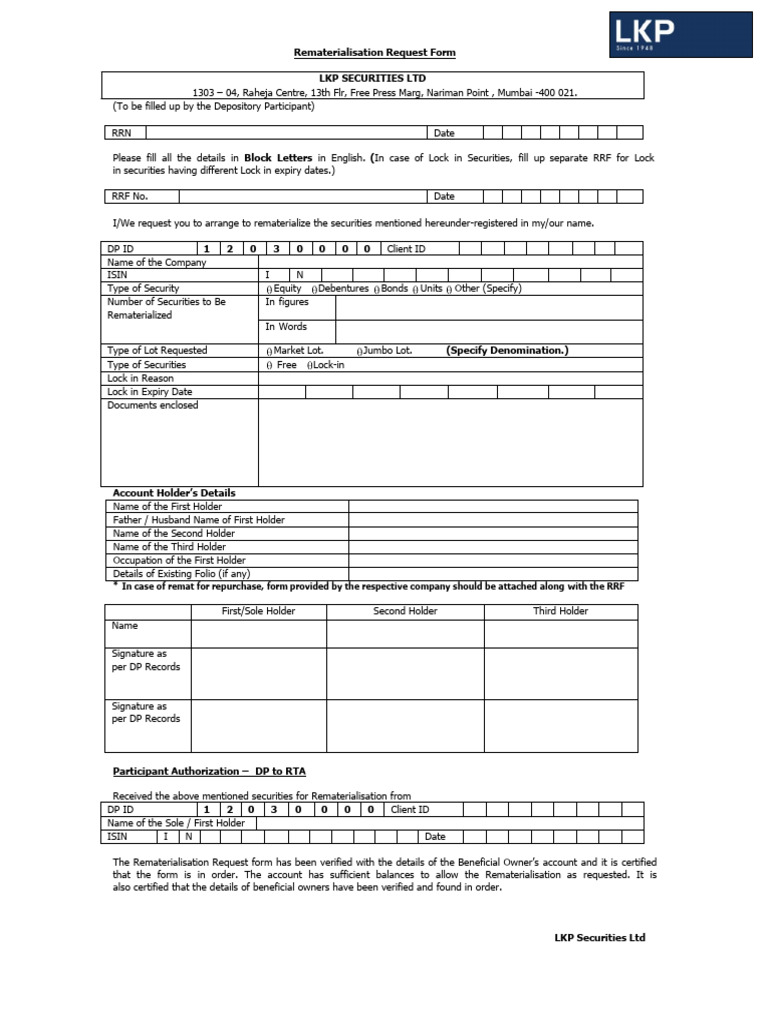 Rematerialisation Request Form Guide | PDF | Securities (Finance ...