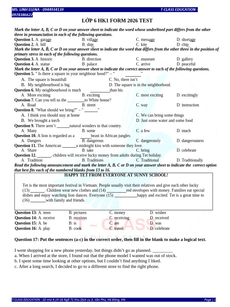 T-Class Education: Grade 6 Test 2026 | PDF | Vietnamese Cuisine | Foods
