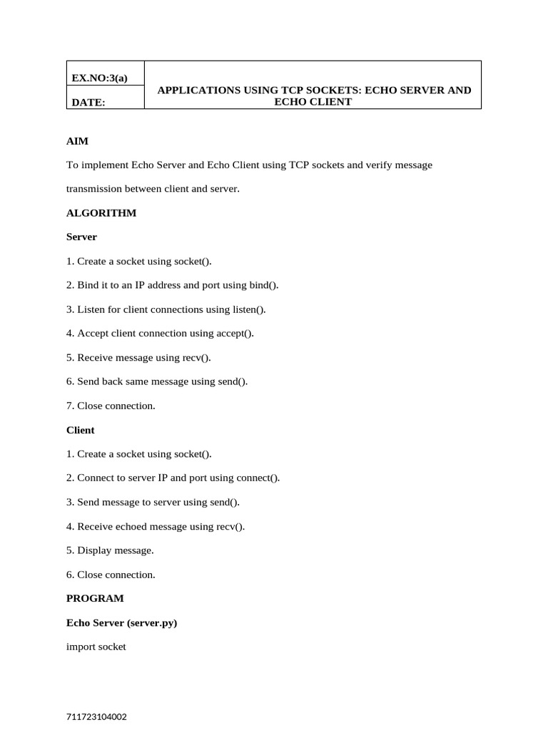 TCP Socket Applications: Echo & Chat | PDF | Network Socket | Port ...