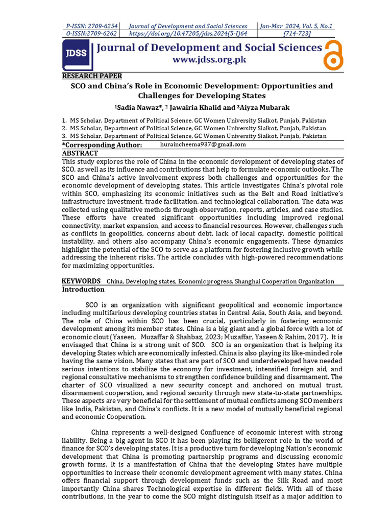 SCO and China's Role in Economic Development: Opportunities and ...