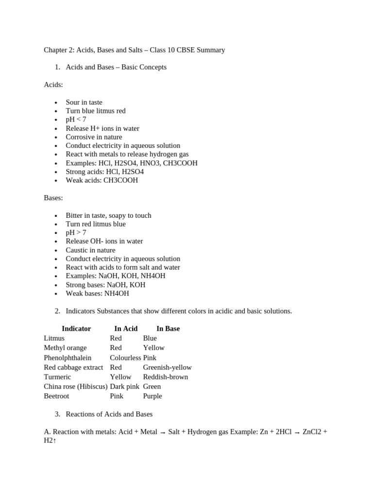 Acids, Bases, and Salts Summary for Class 10 | PDF | Acid | Ph