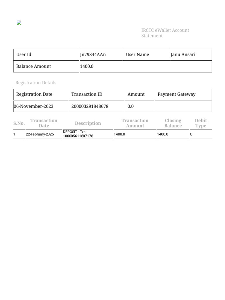 IRCTC eWallet Account Statement | PDF