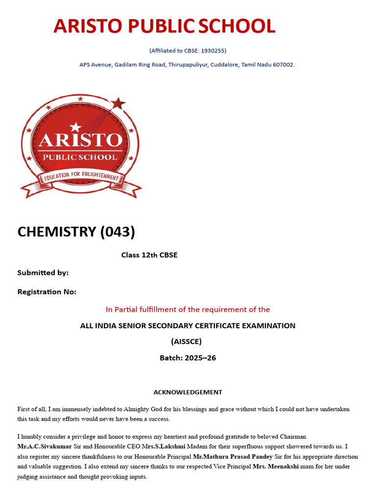 Class 12 Chemistry Project Report | PDF | Secondary Education