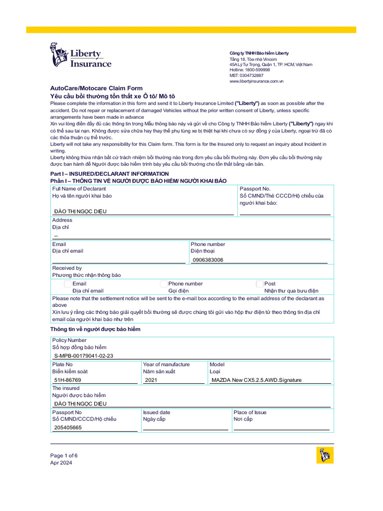 Yeu Cau Boi Thuong (Claim Form) - 09042024 - 1408 | PDF
