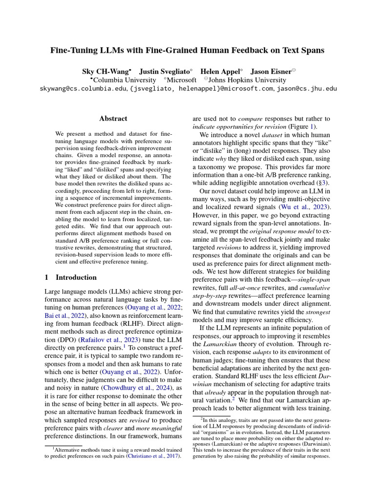 Fine-Tuning LLMs With Fine-Grained Human Feedback On Text Spans 2512 ...