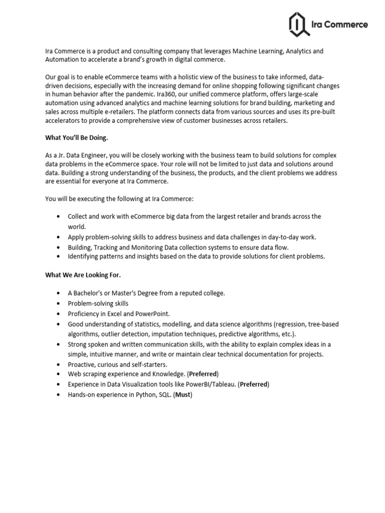 Jr. Data Engineer Role at Ira Commerce | PDF | Analytics | Machine Learning
