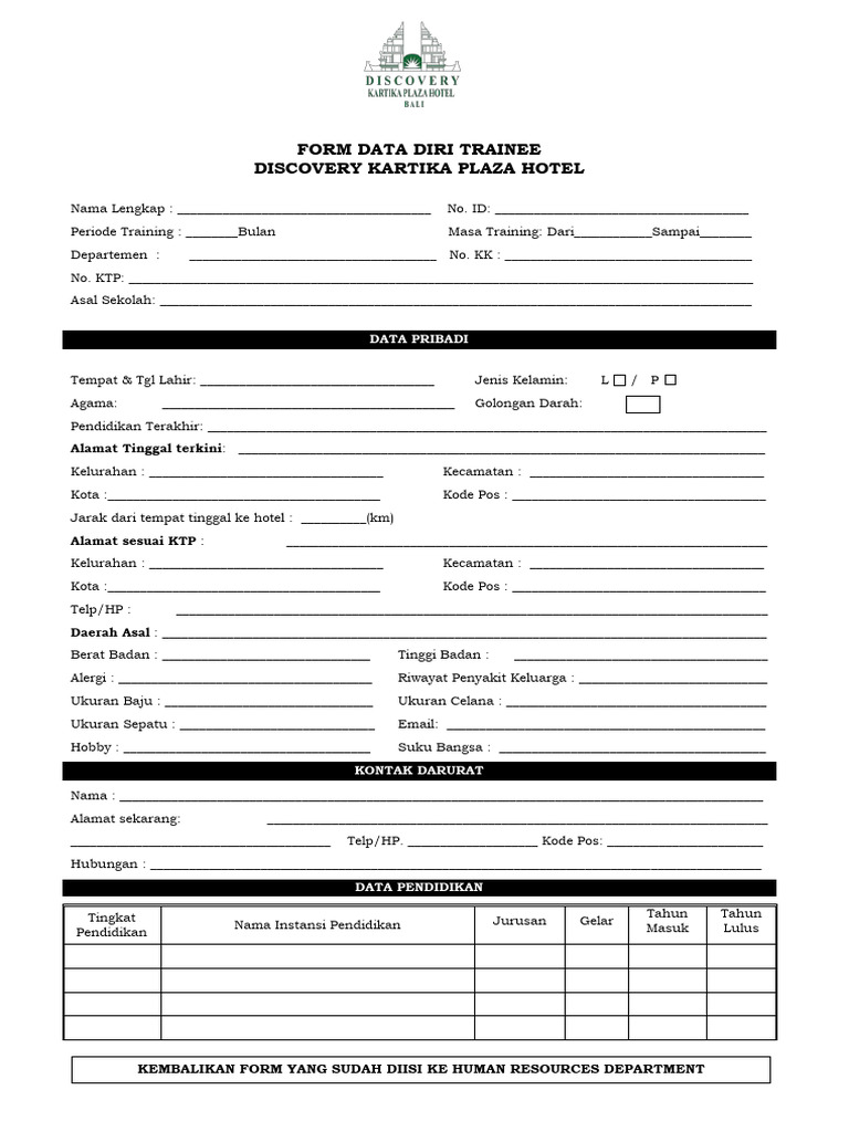 Form Data Diri Trainee Hotel | PDF