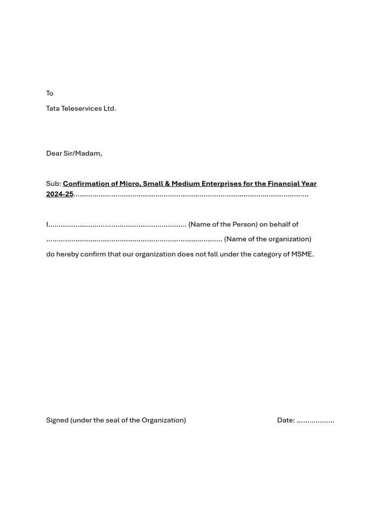 MSME Confirmation Letter Template | PDF