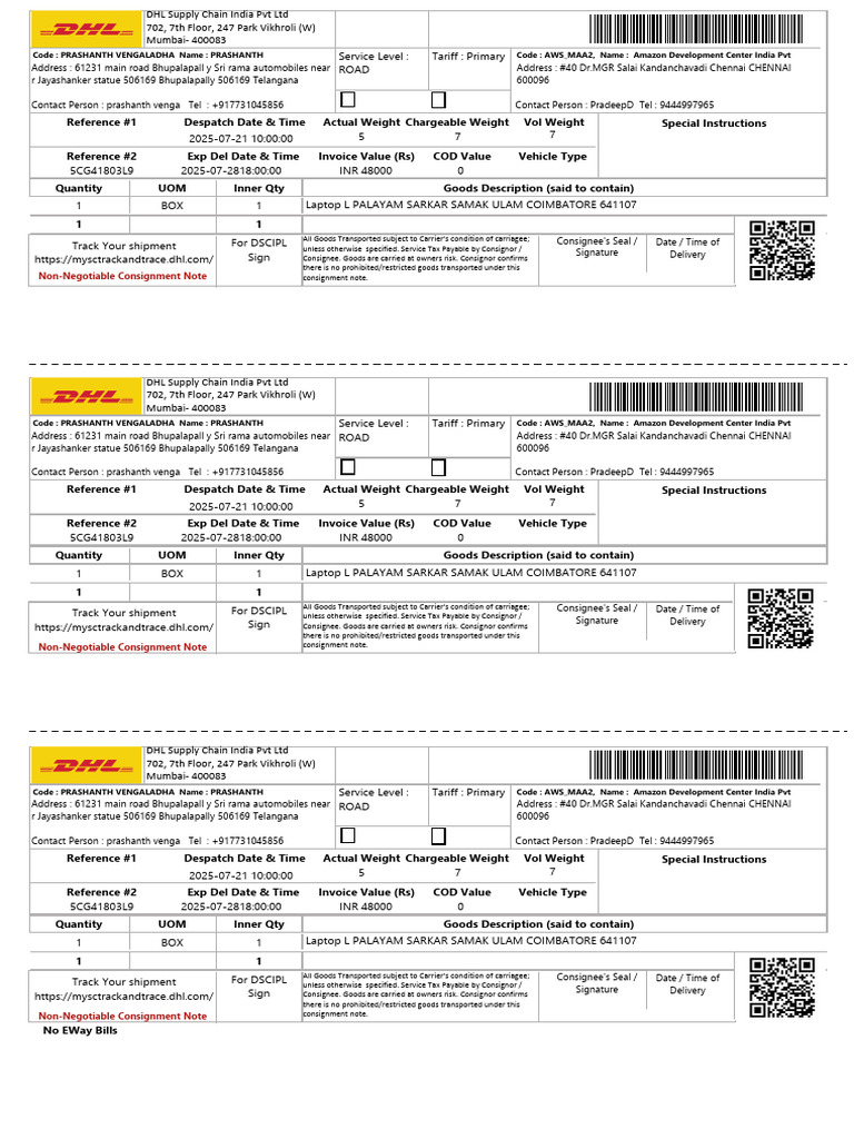 DHL Consignment Note for Laptop Shipment | PDF | Bill Of Lading | Legal ...