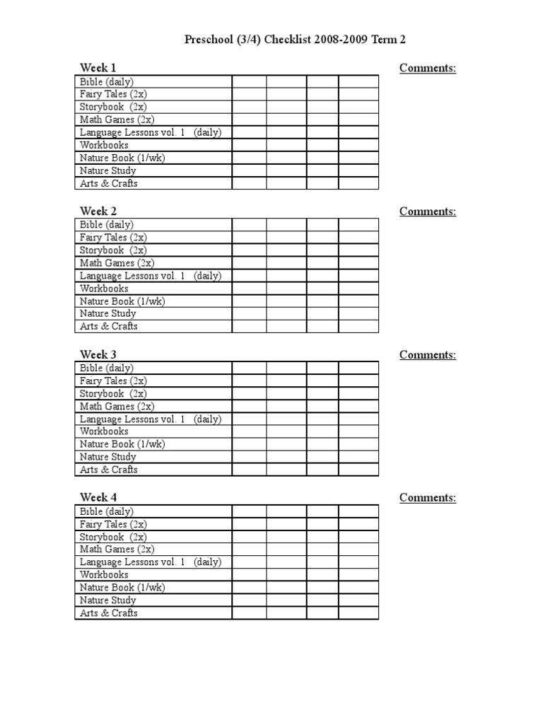 Preschool Checklist Term 2 Activities | PDF | Language Arts & Discipline