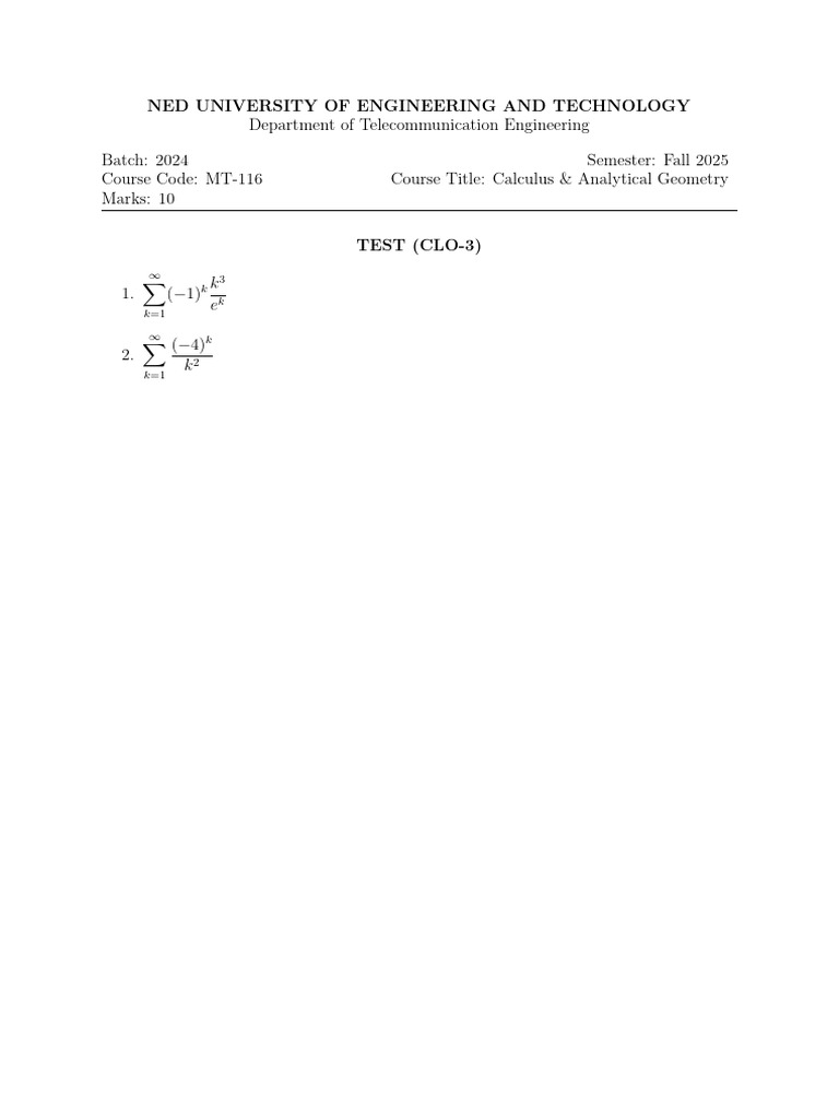 Calculus & Analytical Geometry Test 2025 | PDF