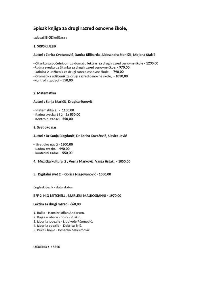 Spisak Knjiga Za Drugi Razred Osnovne Škole | PDF