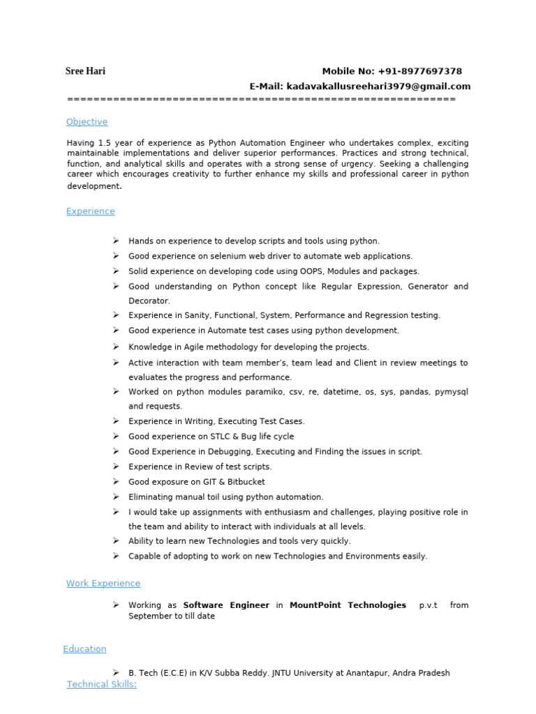 Python Automation Engineer Resume | PDF | Python (Programming Language ...