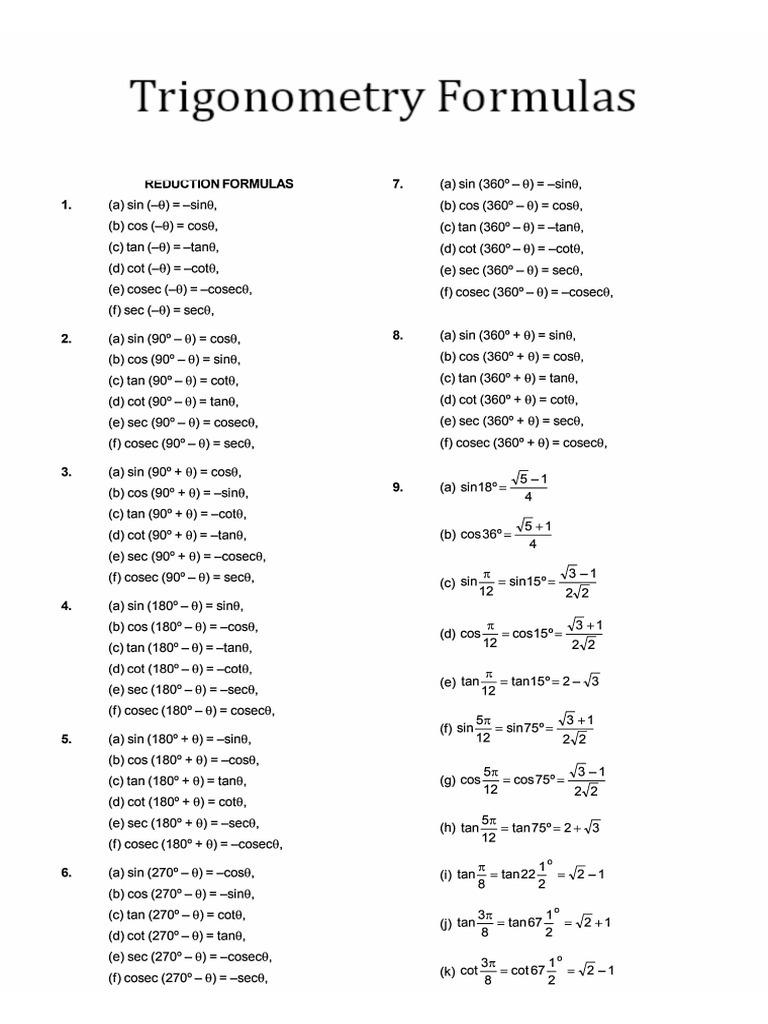 Formula Sheet Trigonometry | PDF