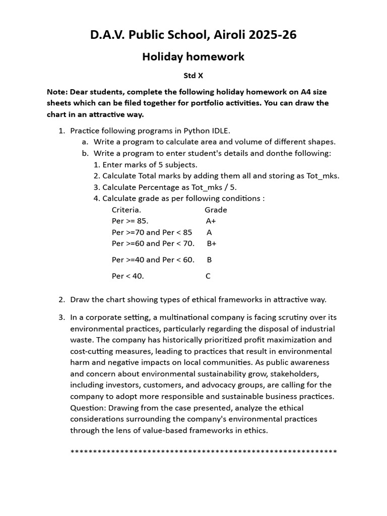 Std X Holiday Homework: Python & Ethics | PDF