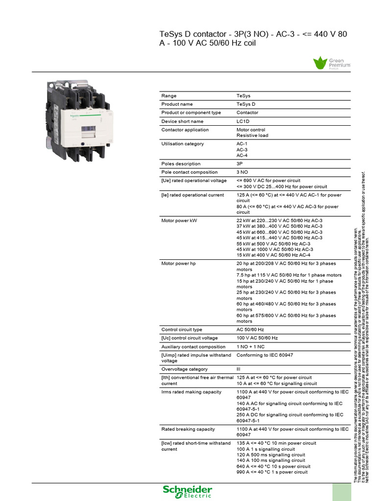 Schneider LC1D806K7 Contactor Datasheet | PDF | Electrical Engineering
