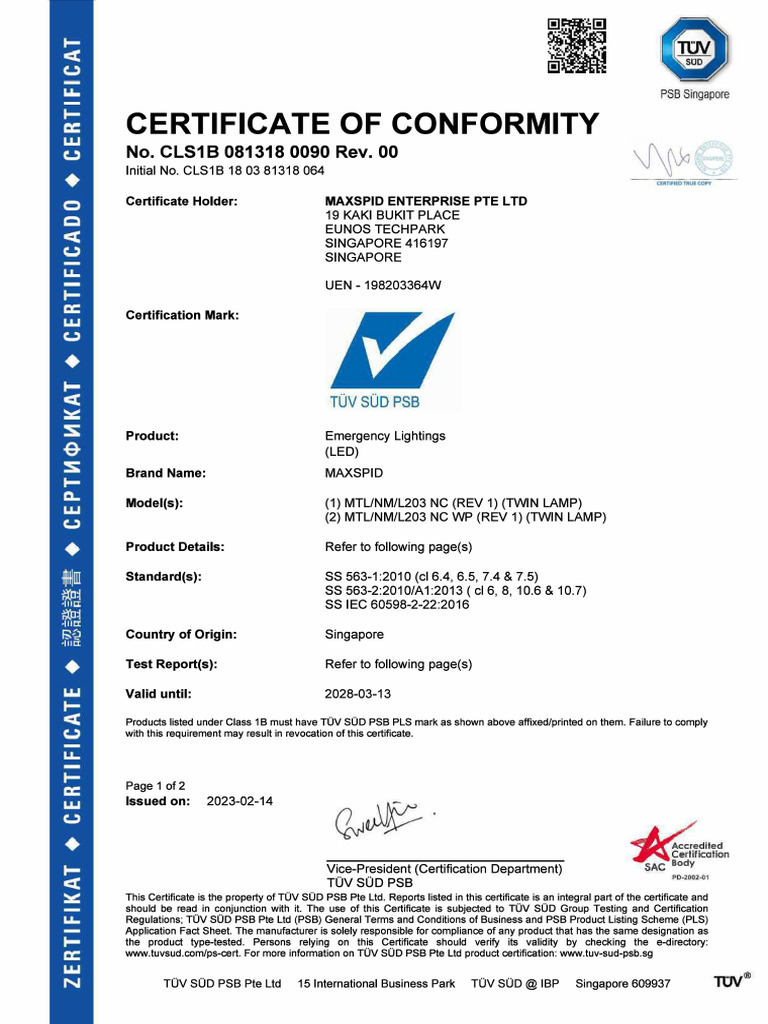 PSB Certificate for MAXSPID Emergency Lights | PDF | Consumer ...