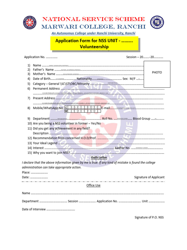 National Service Scheme Application Form-1 | PDF