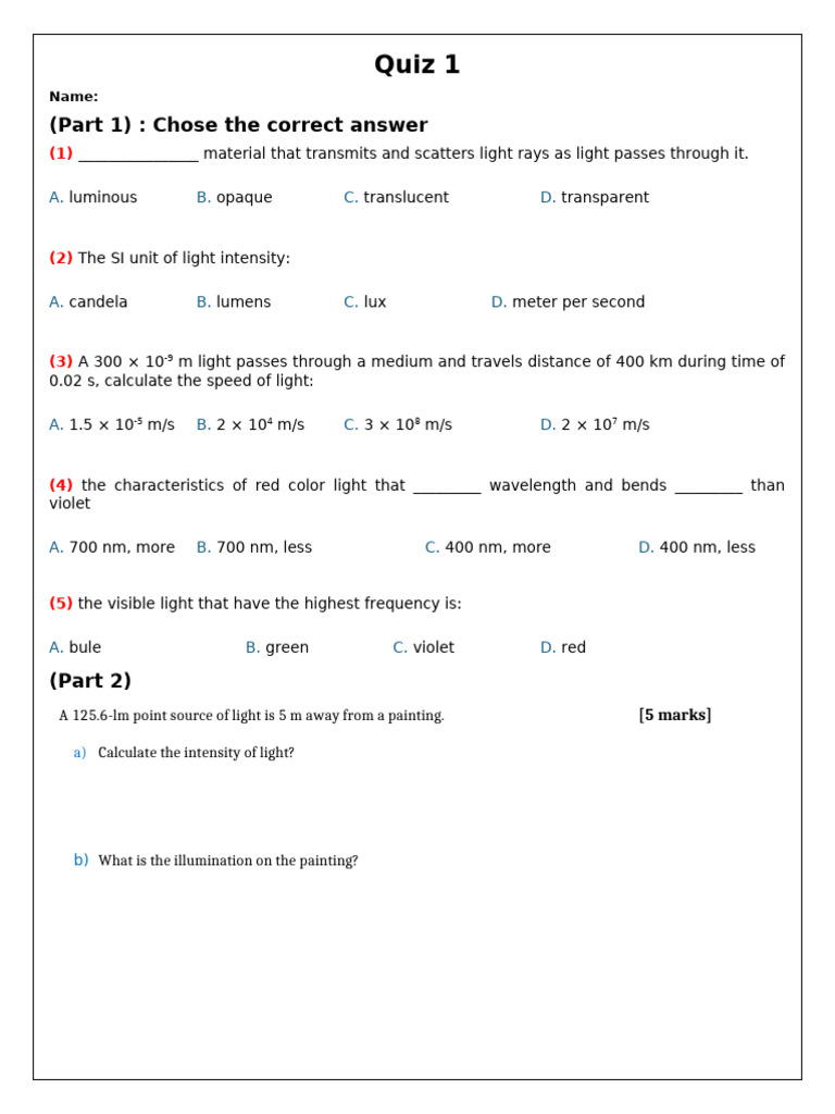 Light Intensity and Properties Quiz | PDF
