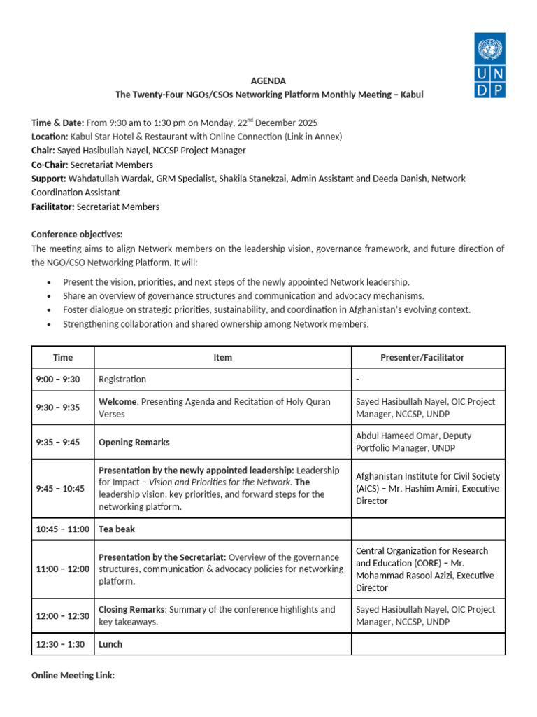 Monthly NGO/CSO Meeting Agenda - Kabul | PDF | Non Governmental ...